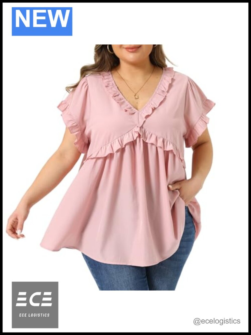 Plus Size Babydoll Top Short Sleeve V-Neck Ruffle Trim Casual Blouse